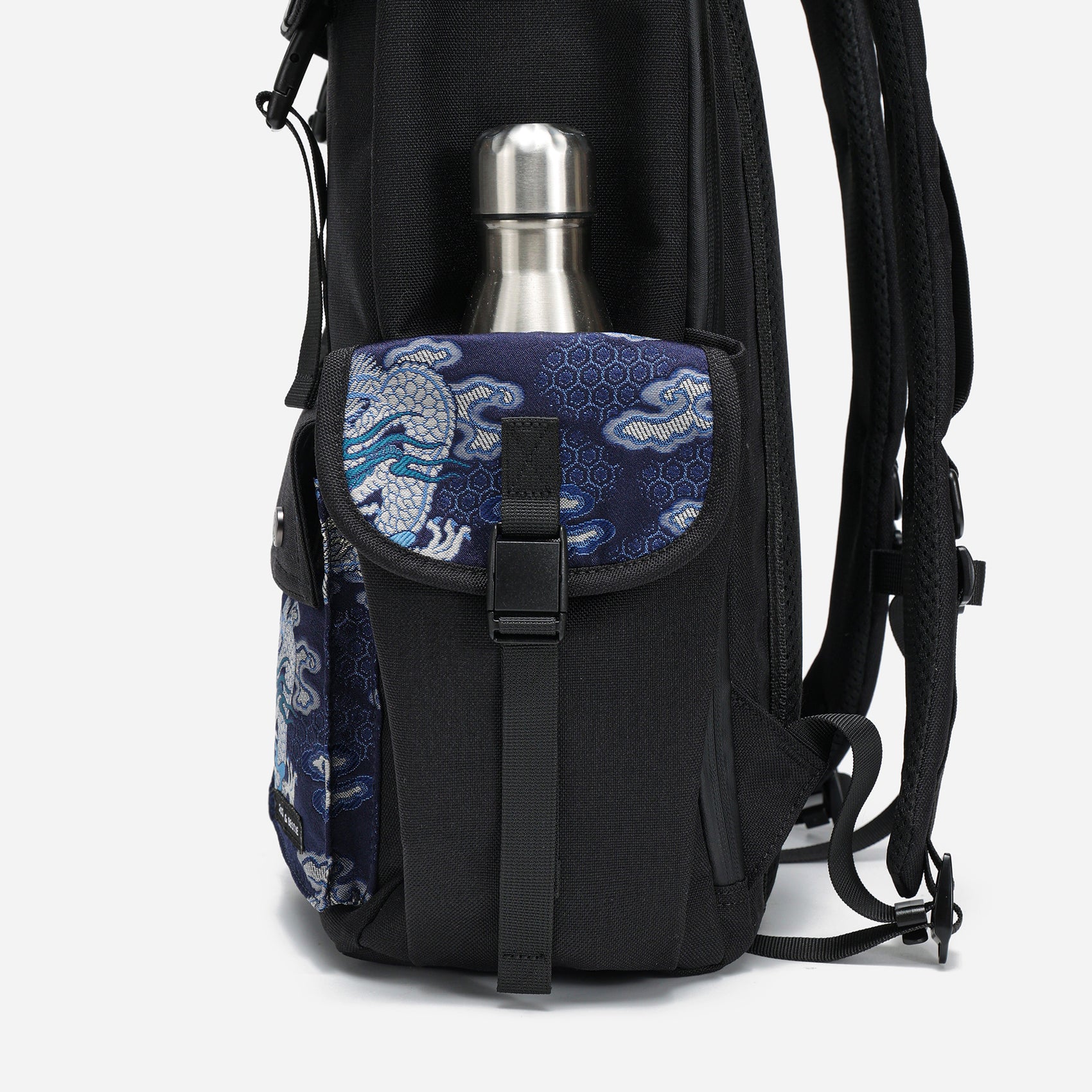 Dude & Bestie Predatir Backpack with Nishijin'ori in Ganryu Dragon Pattern side pocket with water bottle