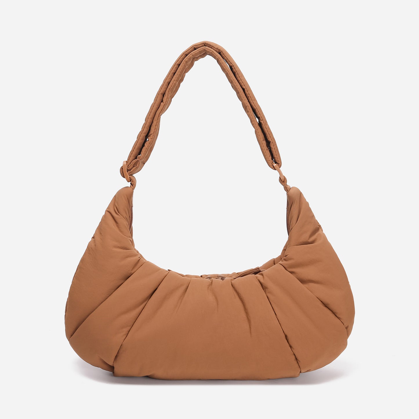 A Mocha brown puffer shoulder croissant bag by dude & bestie