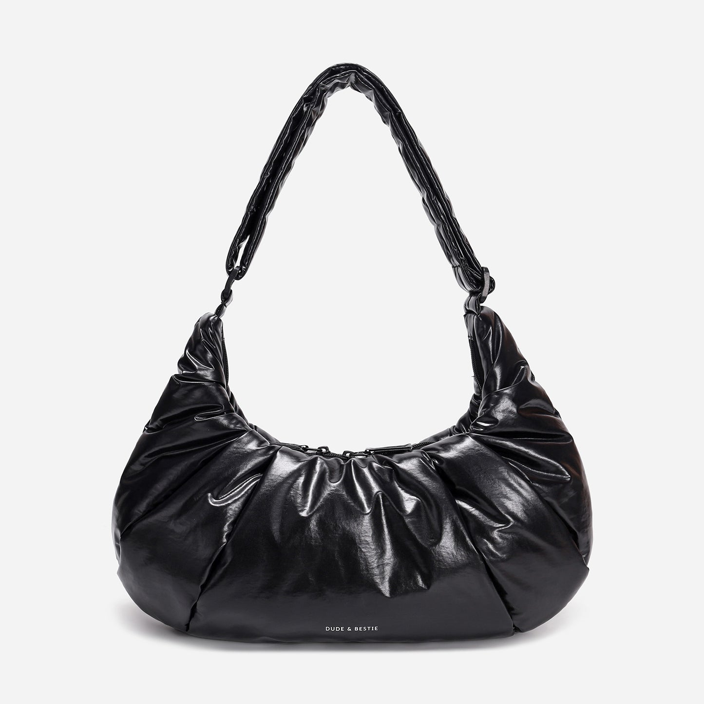 A black shiny Croissant-shaped shoulder bag with a single strap in polish black color
