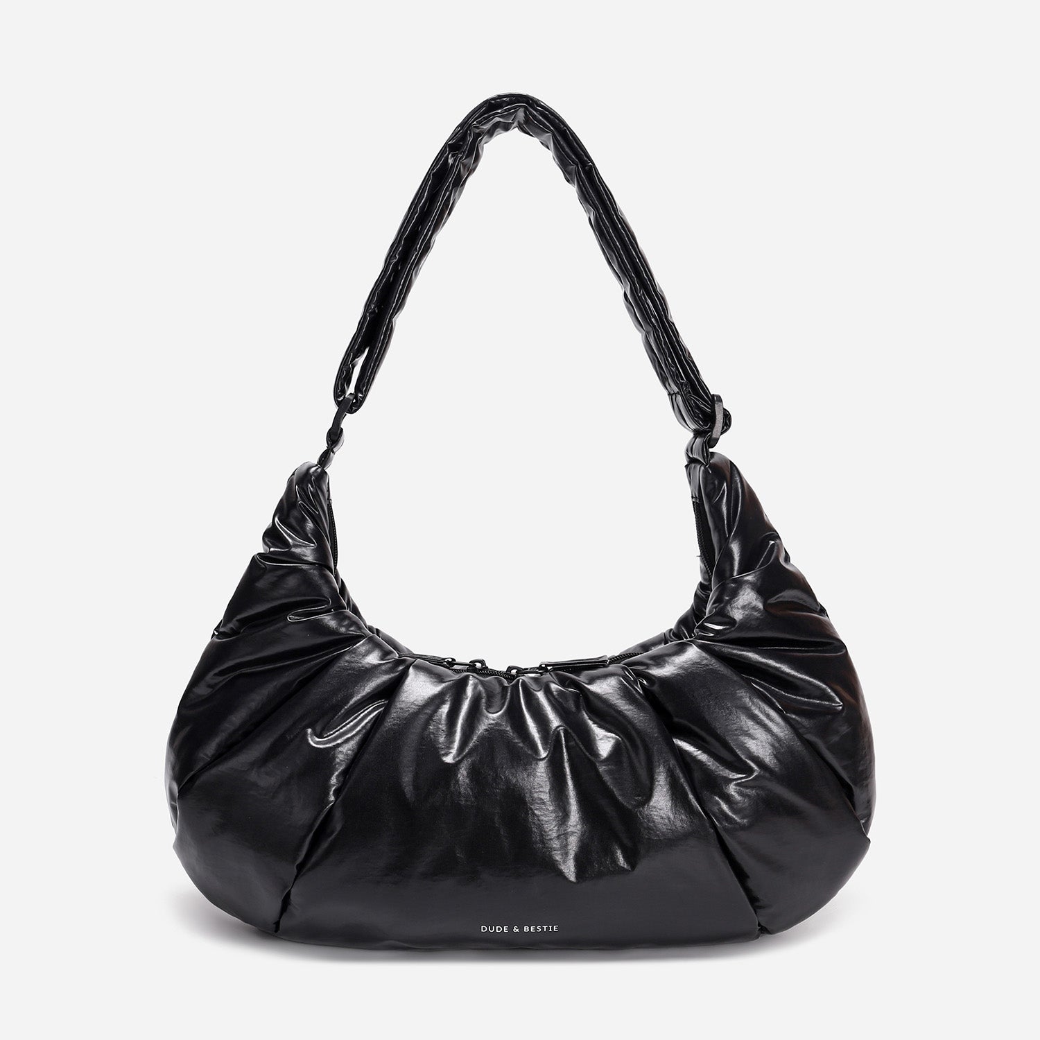 A black shiny Croissant-shaped shoulder bag with a single strap in polish black color
