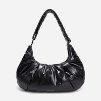 A black shiny Croissant-shaped shoulder bag with a single strap in polish black color