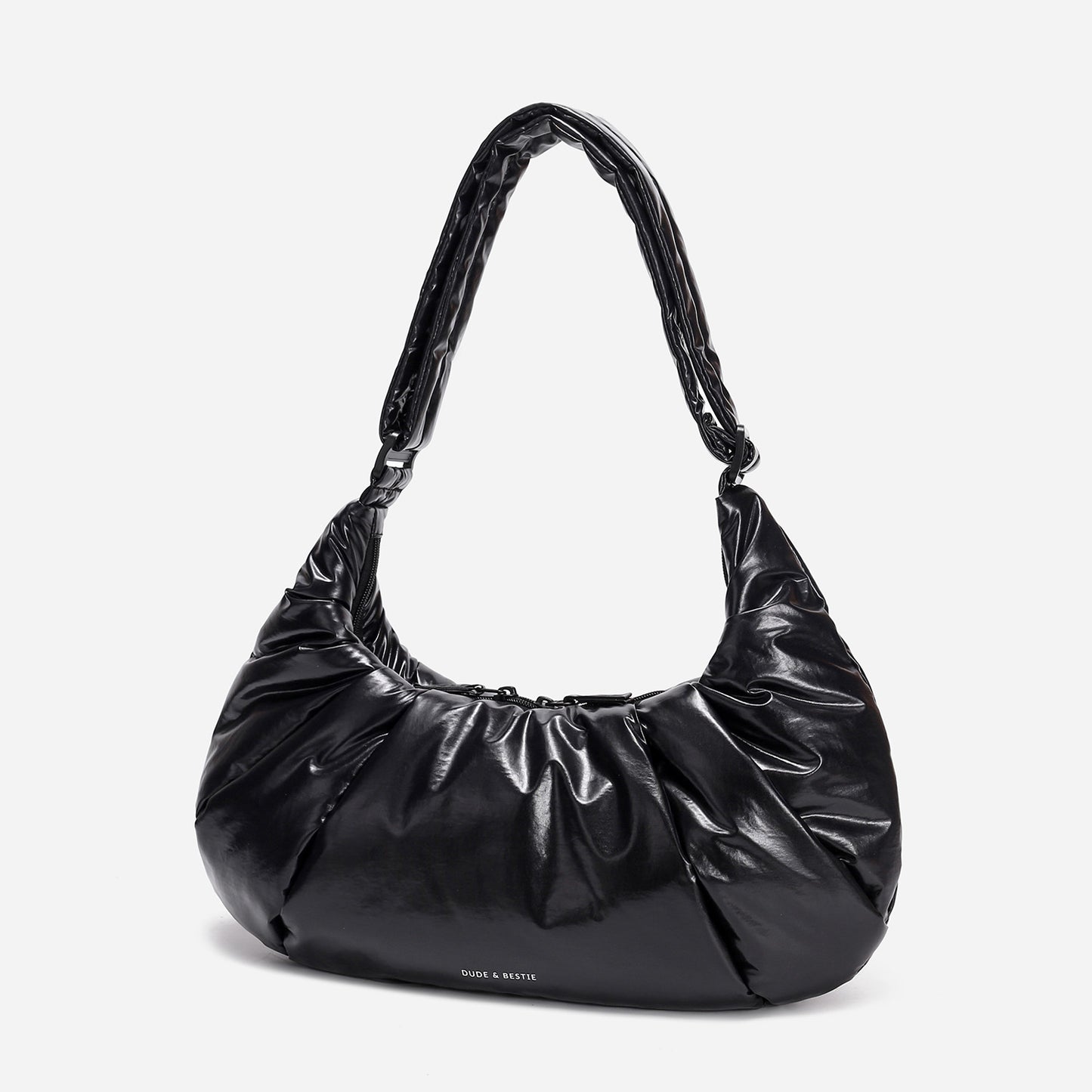 A black shiny Croissant-shaped shoulder bag with a single strap in polish black color