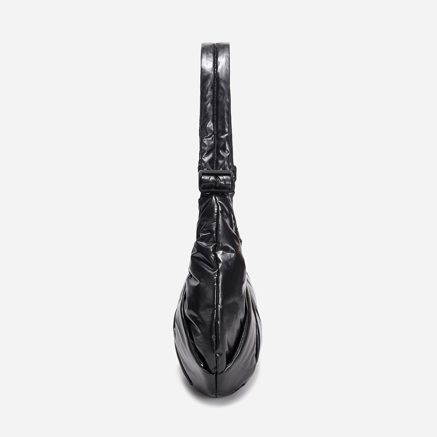 A black shiny Croissant-shaped shoulder bag with a single strap in polish black color