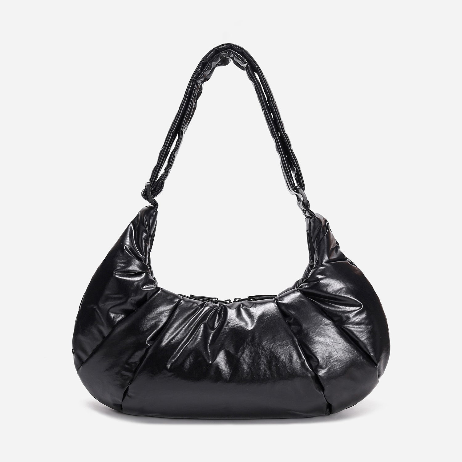 A black shiny Croissant-shaped shoulder bag with a single strap in polish black color