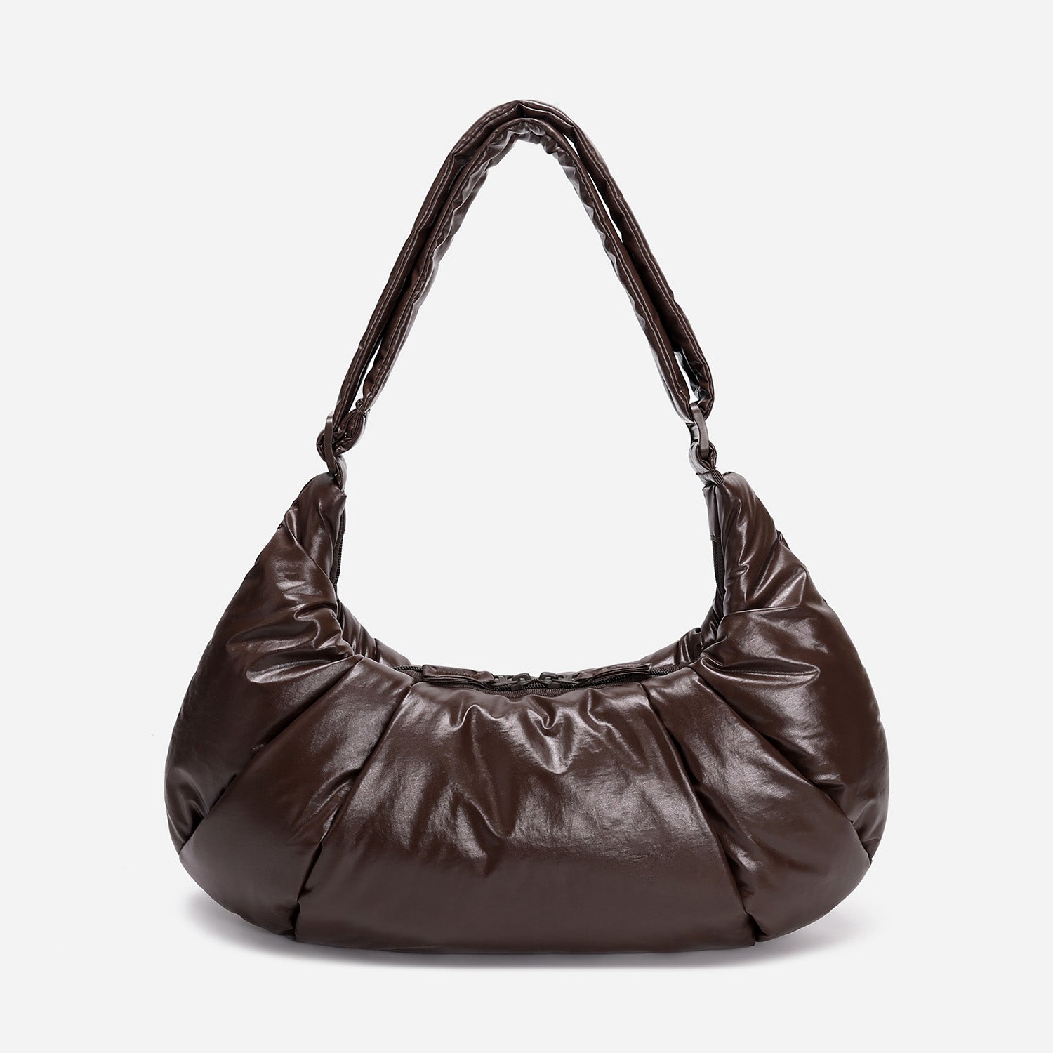 A dark brown shiny Croissant-shaped shoulder bag in polish brown color by Dude & Bestie