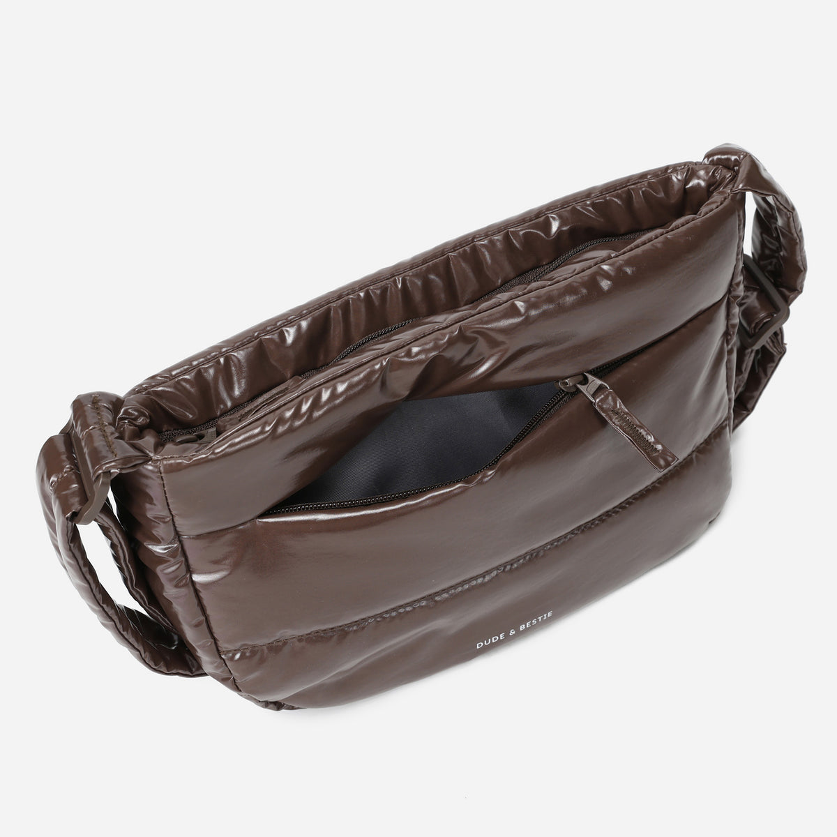 Dude & Bestie Puff Crossbody Bag Polish Series in Glossy Brown Color