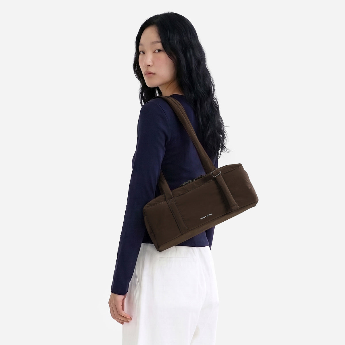 Dude & Bestie Puff Roll Baguette Bag in Choco Brown Color
