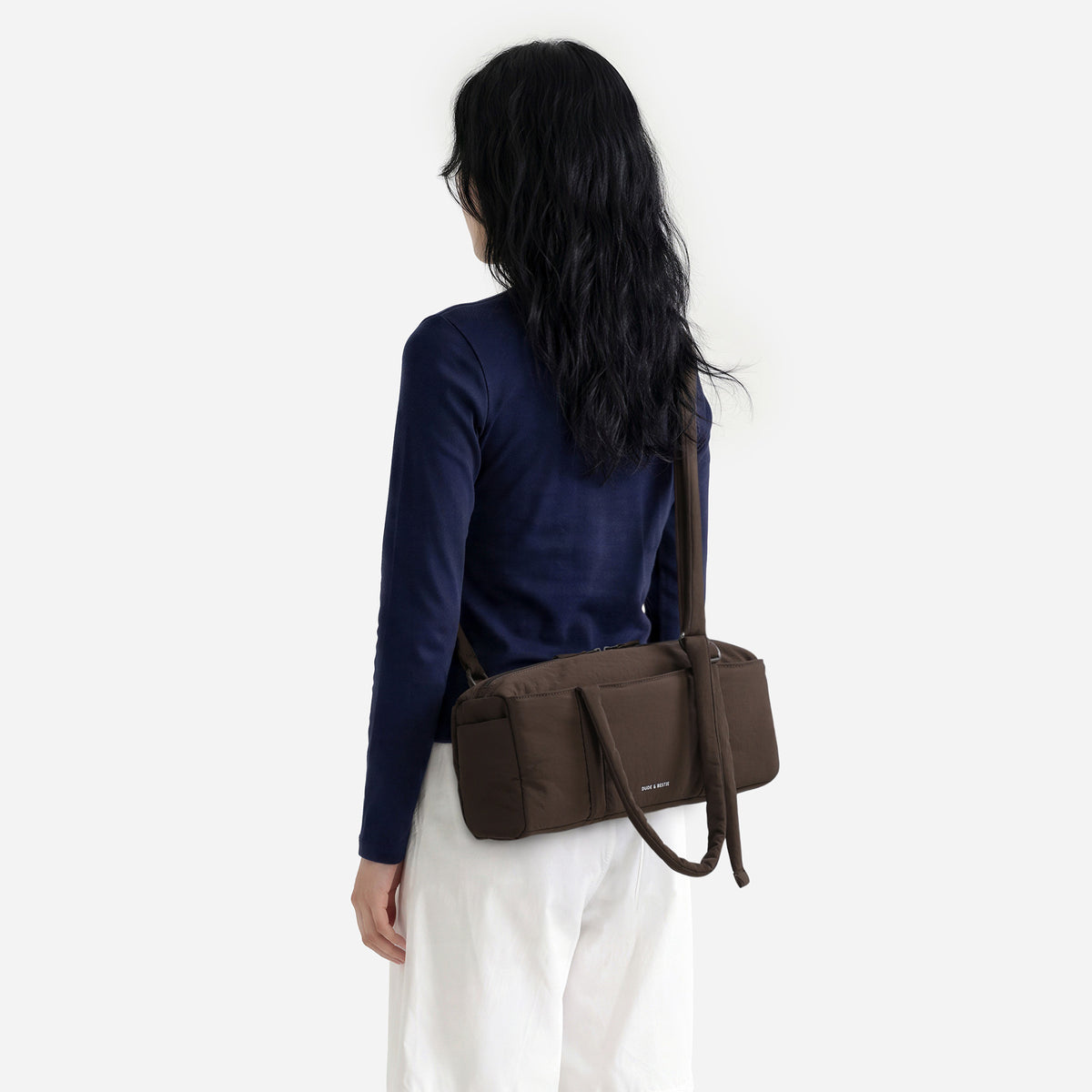 Dude & Bestie Puff Roll Baguette Bag in Choco Brown Color